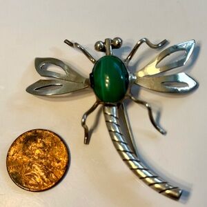 Sterling Silver Dragonfly Brooch/Pin with Malachite Cabachon Vintage Mexican